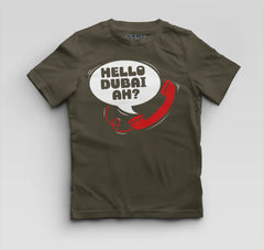Hello Dubai Ah? Boys Round Neck T-Shirt in Olive Green Color
