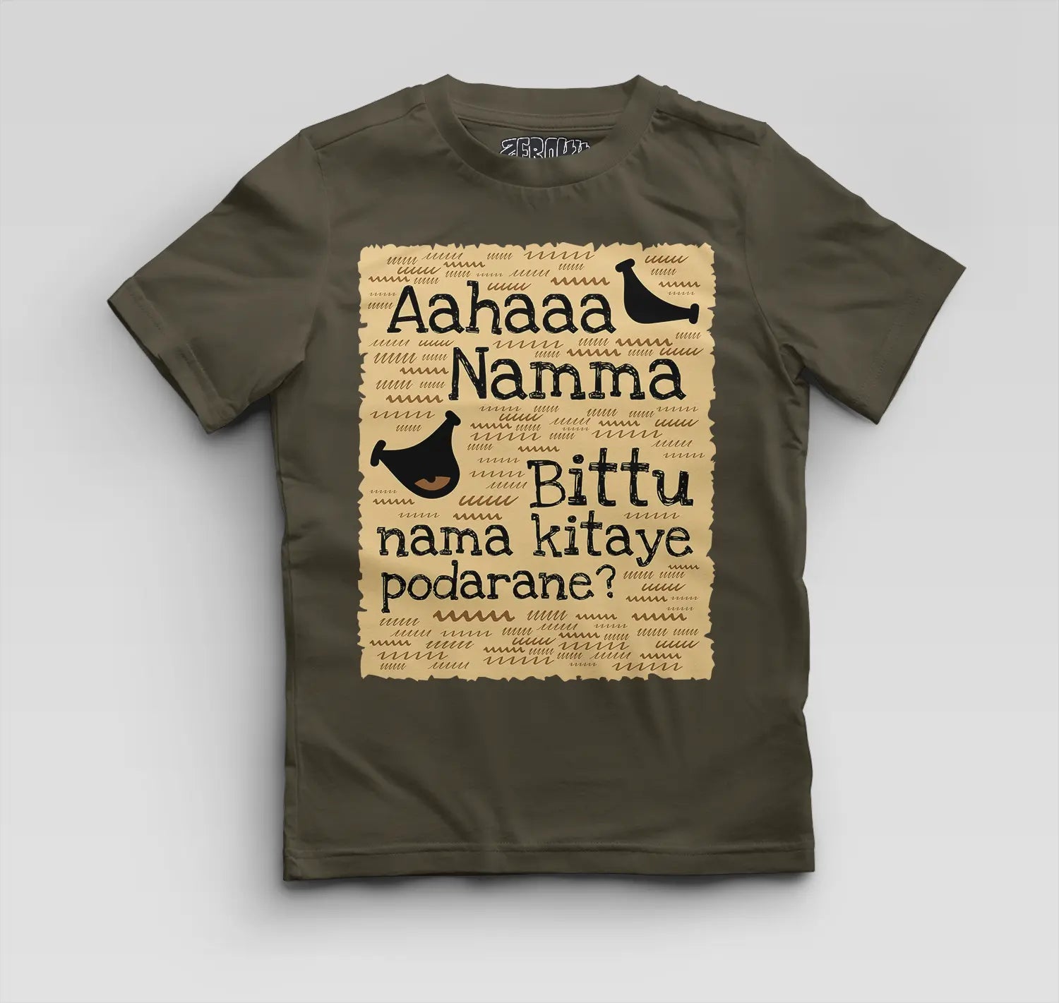 Aahaaa Namma Bittu Nama Kitaye Podarane Boys Round Neck T-Shirt in Olive Green Color