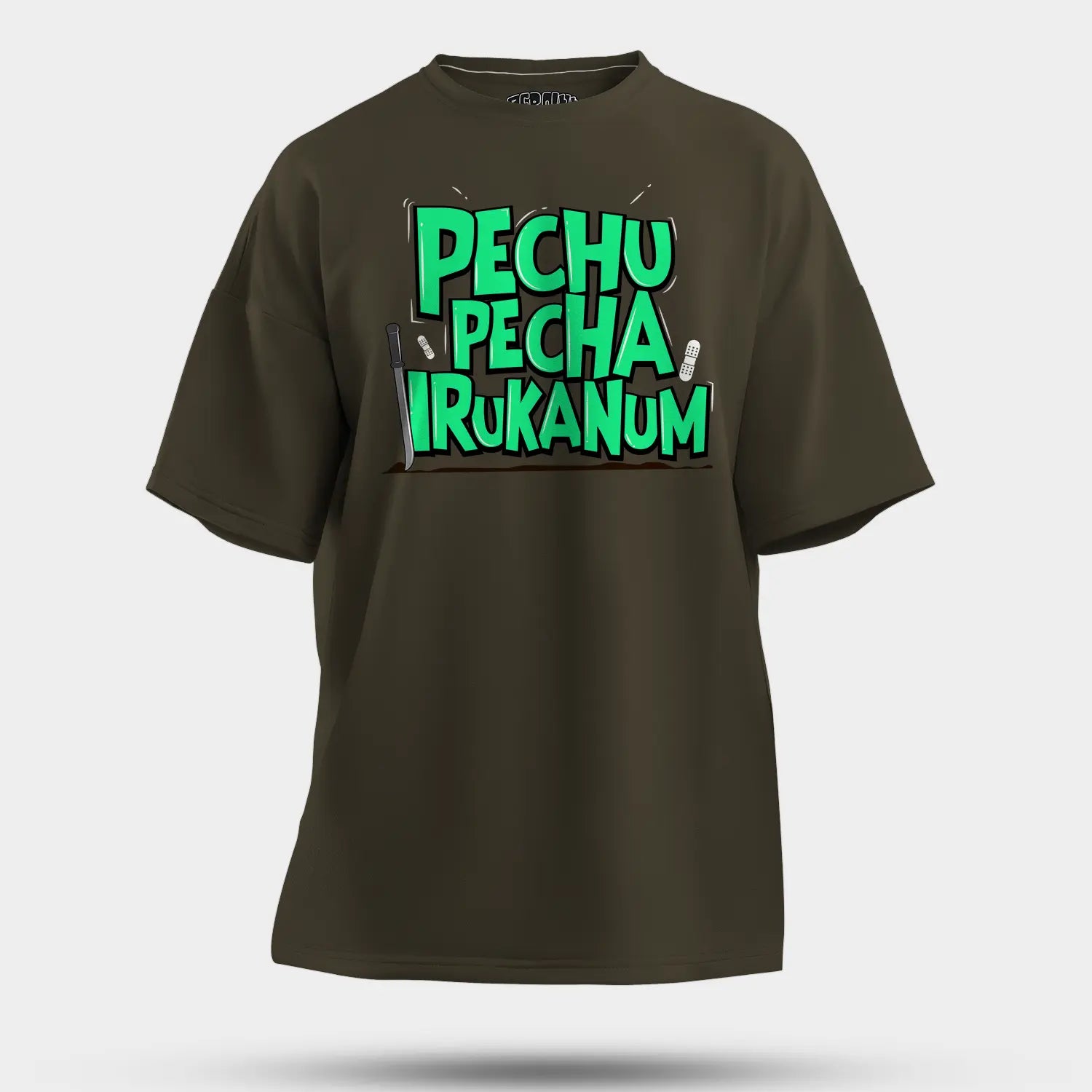 Pechu Pecha Irrukanum Men/Unisex Oversized T-Shirt in Olive Green Color
