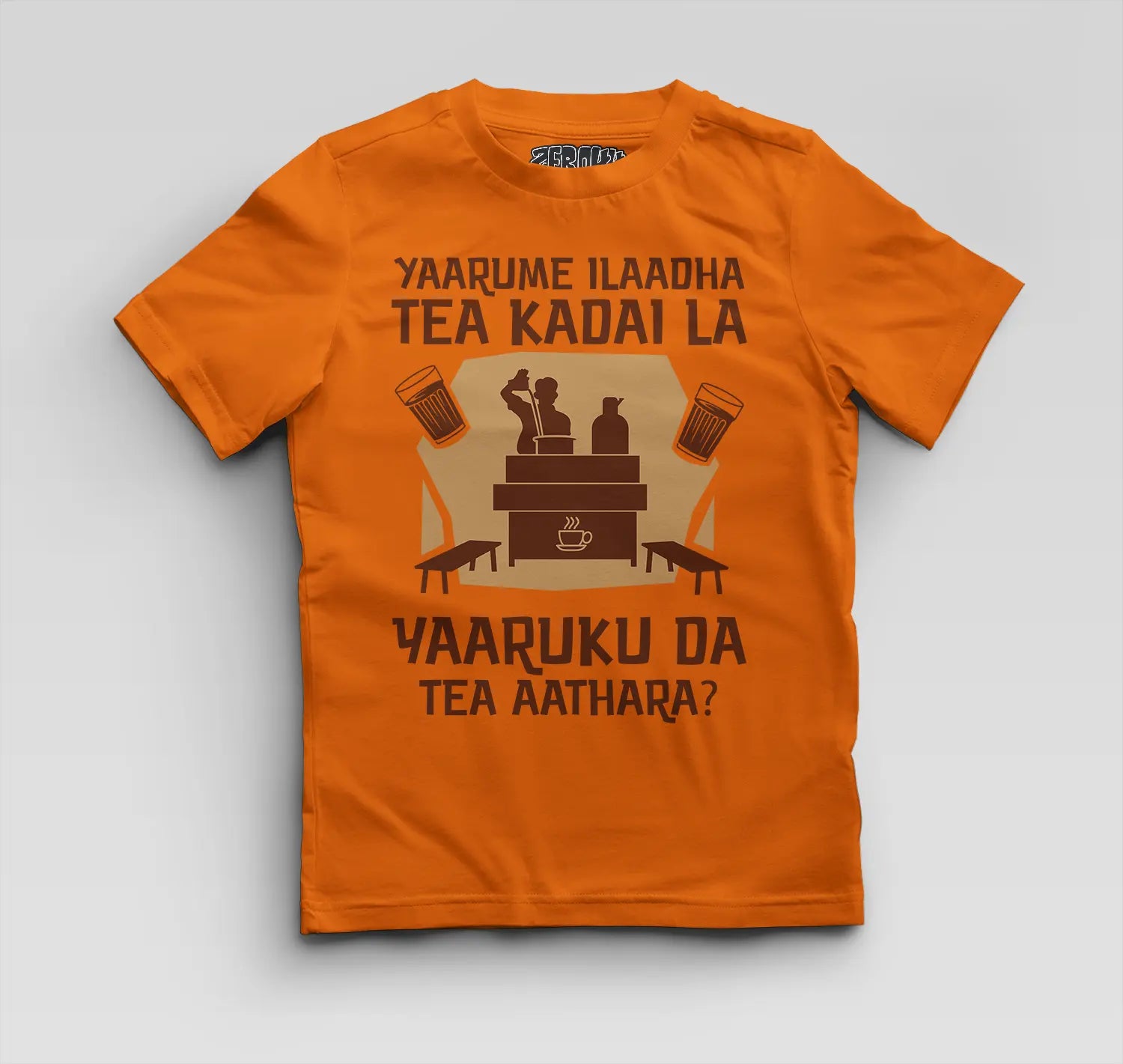 Yaarume Ilaadha Tea Kadai La Yaaruku Da Tea Aathara? Boys Round Neck T-Shirt in Orange Color