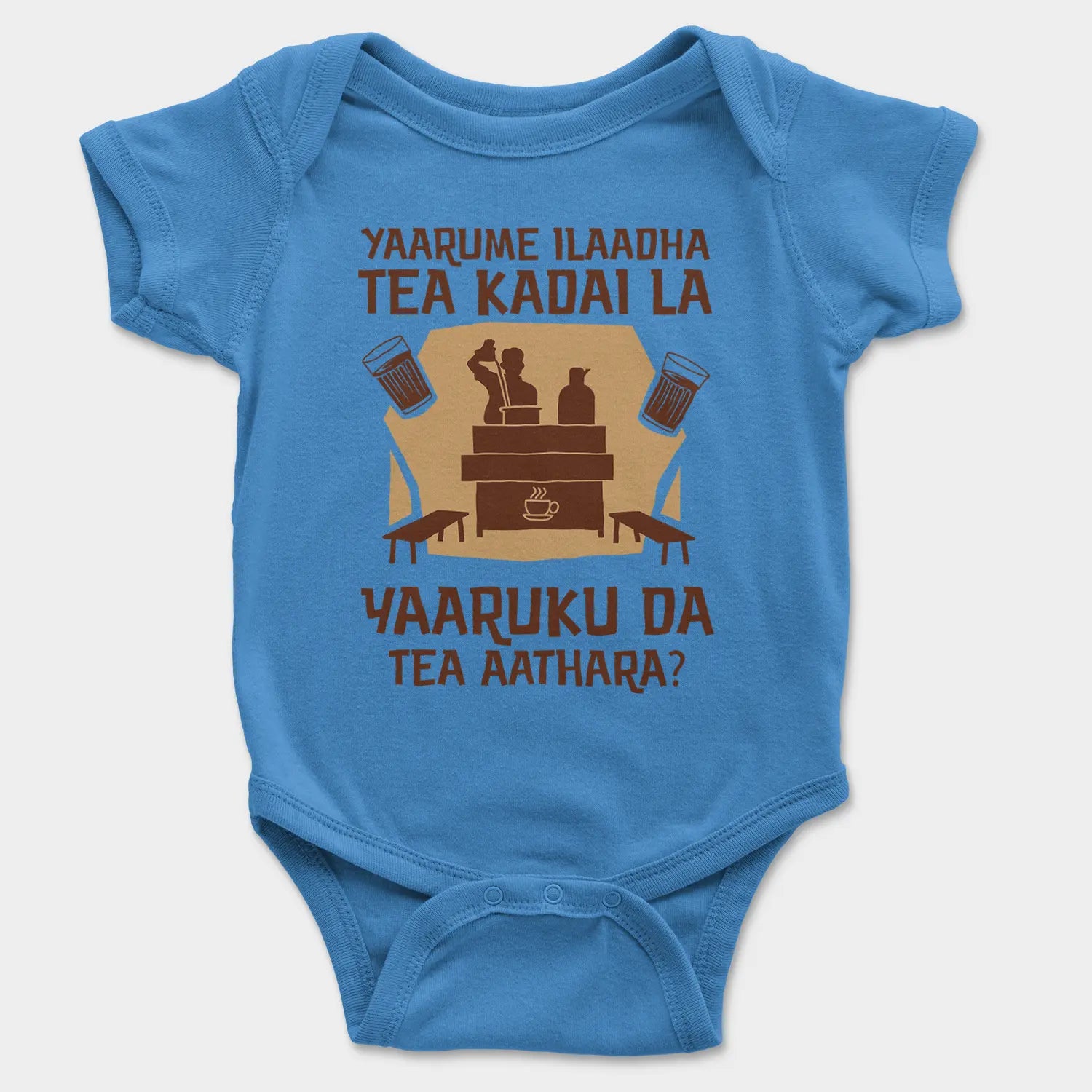 Yaarume Ilaadha Tea Kadai La Yaaruku Da Tea Aathara? Onesie/Romper in Orchid Blue Color