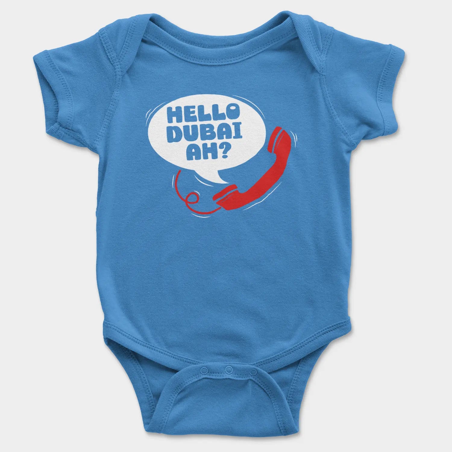 Hello Dubai Ah? Onesie/Romper in Orchid Blue Color