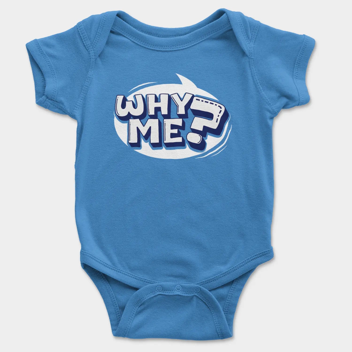 Why Me? Onesie/Romper in Orchid Blue Color