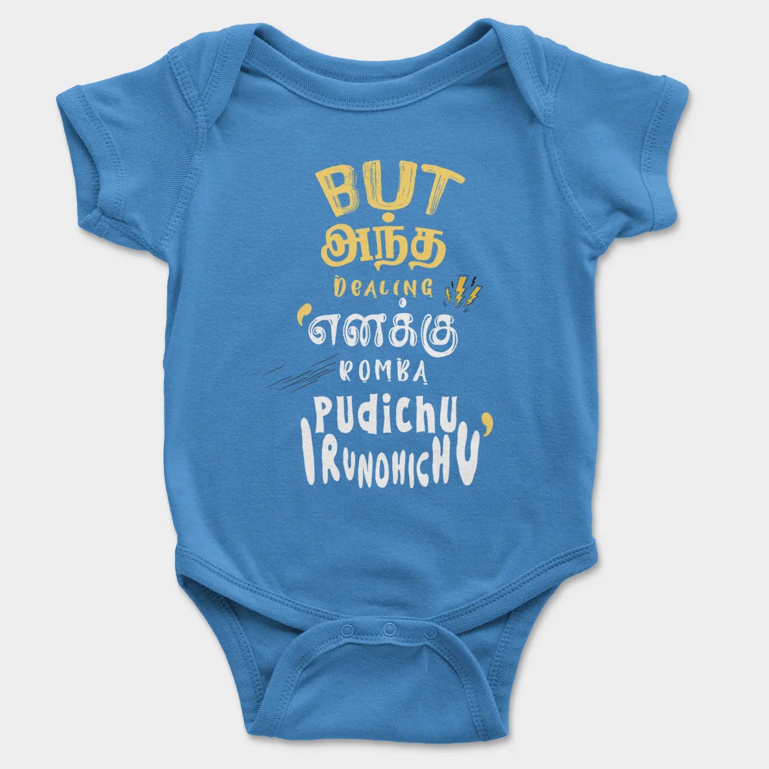 But Antha Dealing Enaku Romba Pudichu Irundhichu Onesie/Romper in Orchid Blue Color