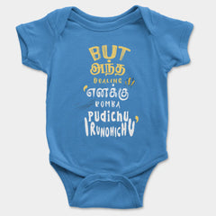 But Antha Dealing Enaku Romba Pudichu Irundhichu Onesie/Romper in Orchid Blue Color