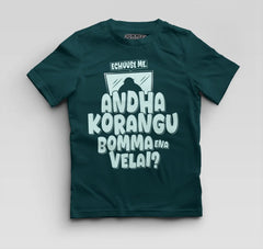 Echuuse Me Andha Korangu Bomma Ena Velai Boys Round Neck T-Shirt in Petrol Blue Color