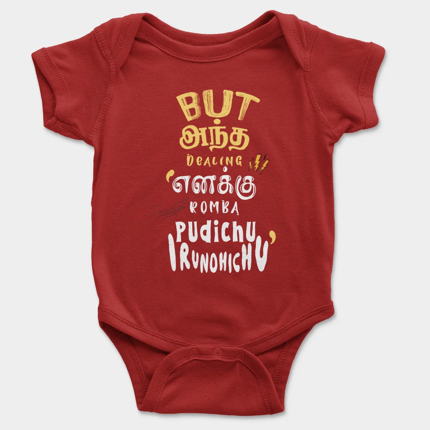 But Antha Dealing Enaku Romba Pudichu Irundhichu Onesie/Romper in Red Color