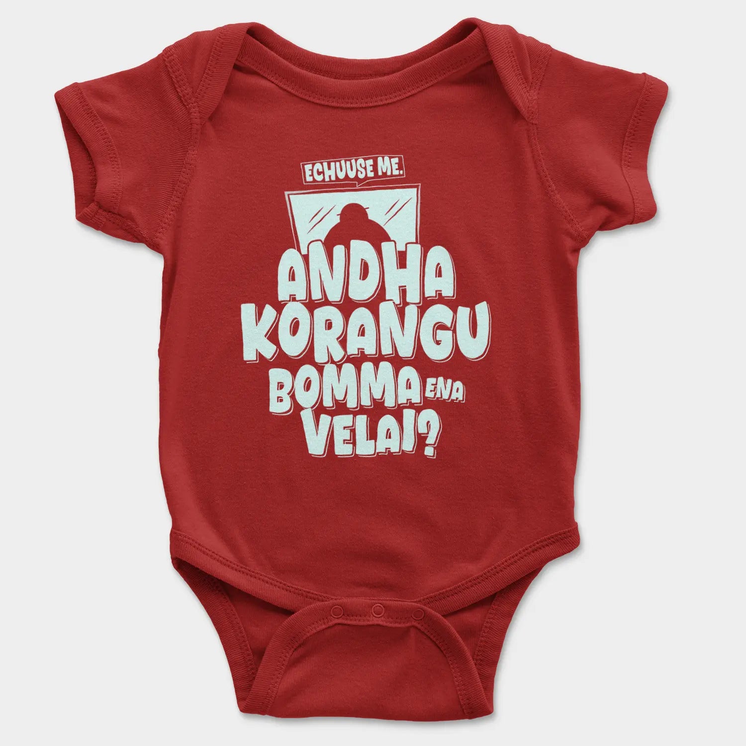 Echuuse Me Andha Korangu Bomma Ena Velai Onesie/Romper in Red Color
