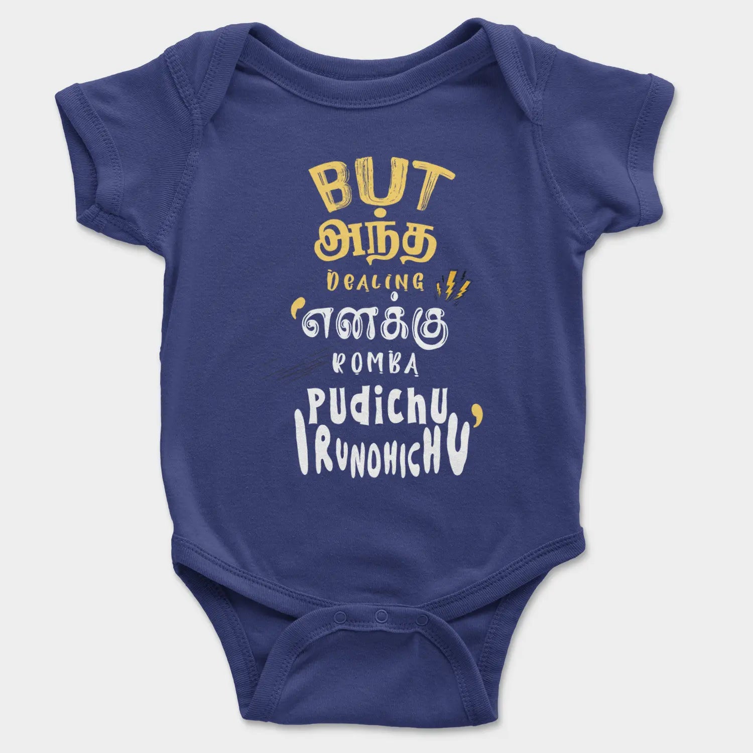 But Antha Dealing Enaku Romba Pudichu Irundhichu Onesie/Romper in Royal Blue Color