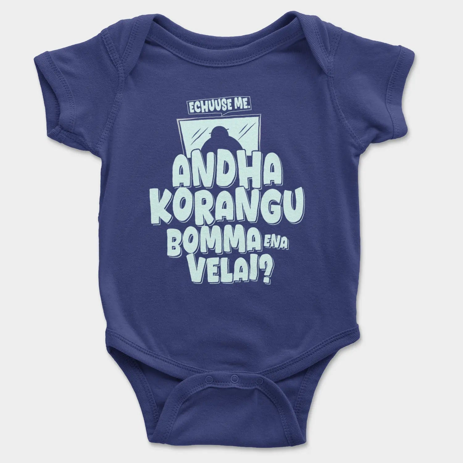 Echuuse Me Andha Korangu Bomma Ena Velai Onesie/Romper in Royal Blue Color