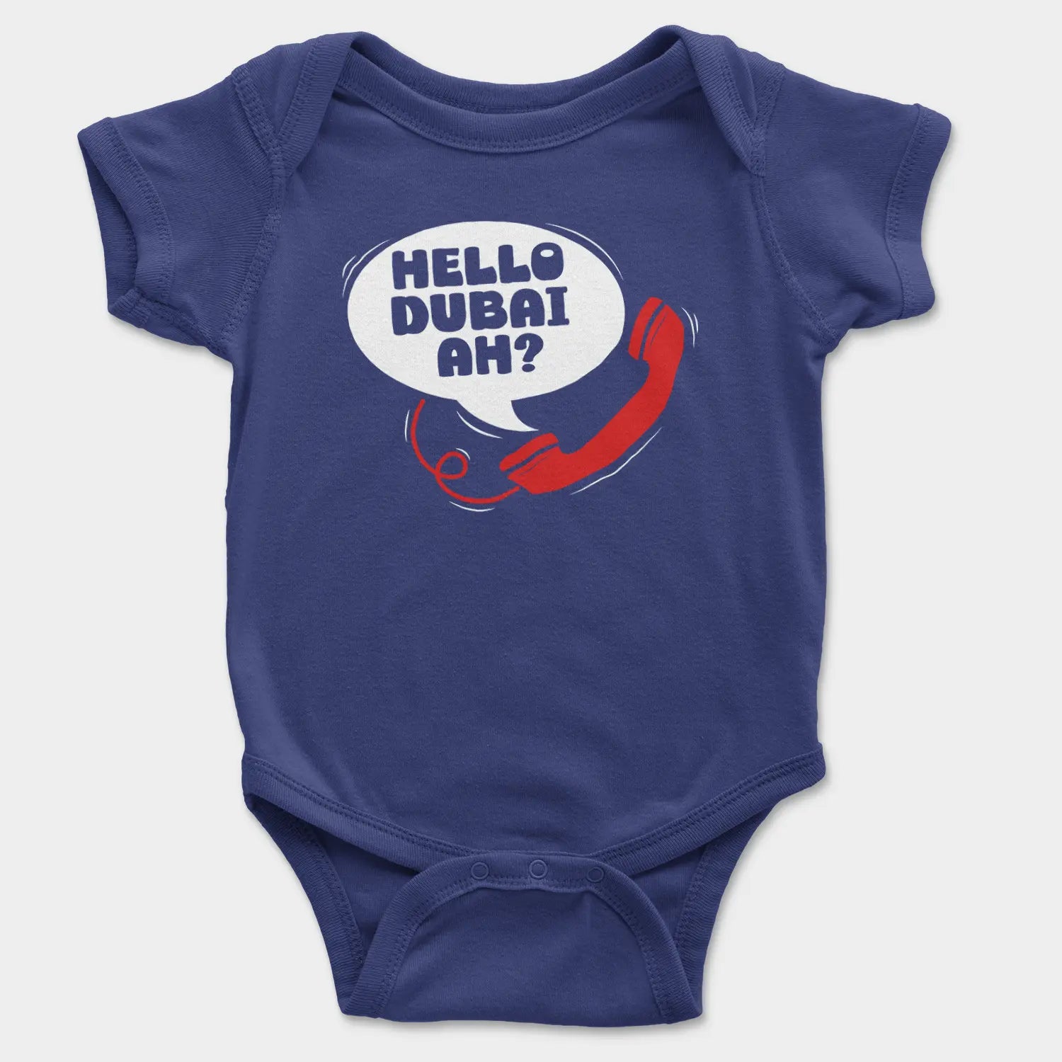 Hello Dubai Ah? Onesie/Romper in Royal Blue Color