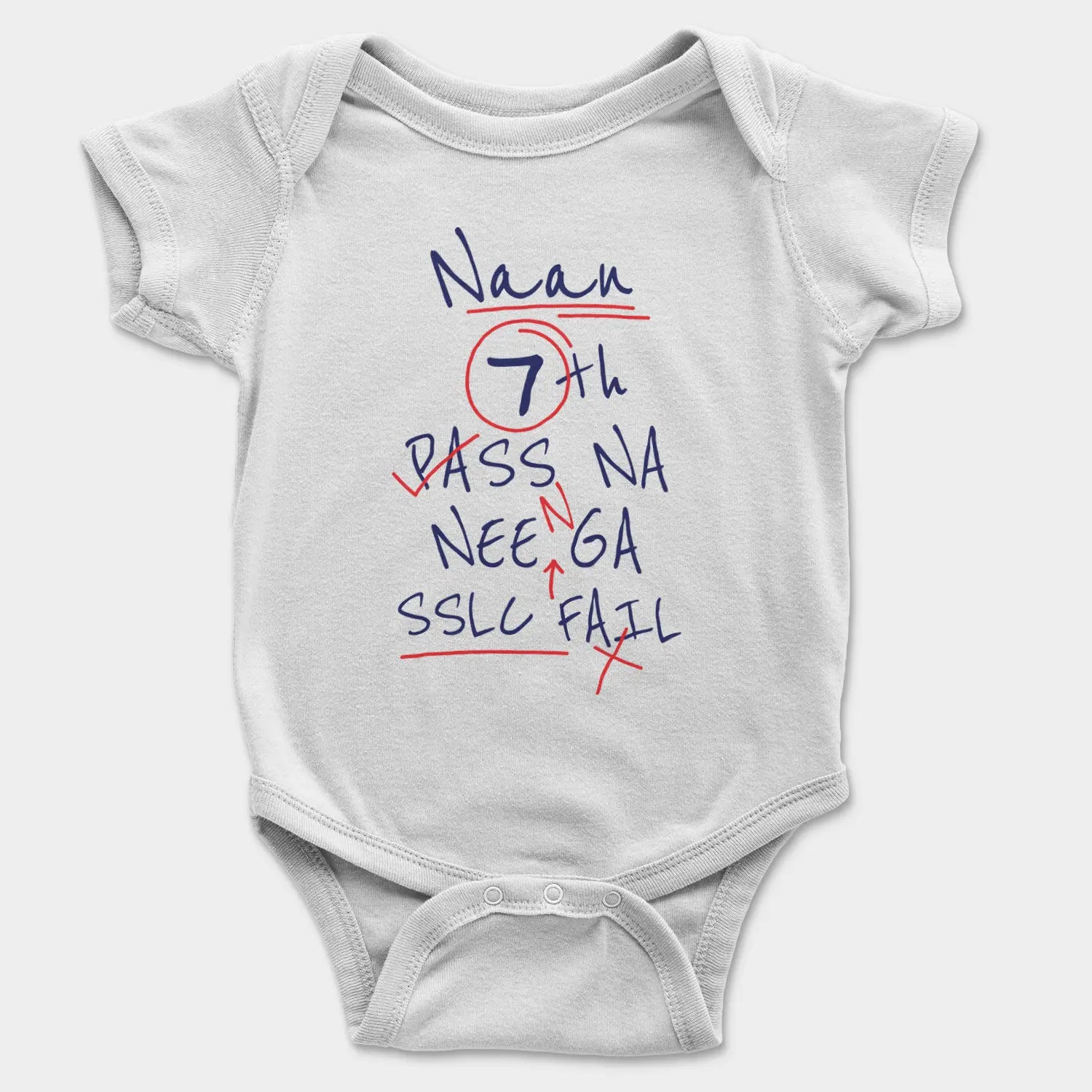 Naan 7Th Pass Na, Neenge Sslc Fail Onesie/Romper in White Color