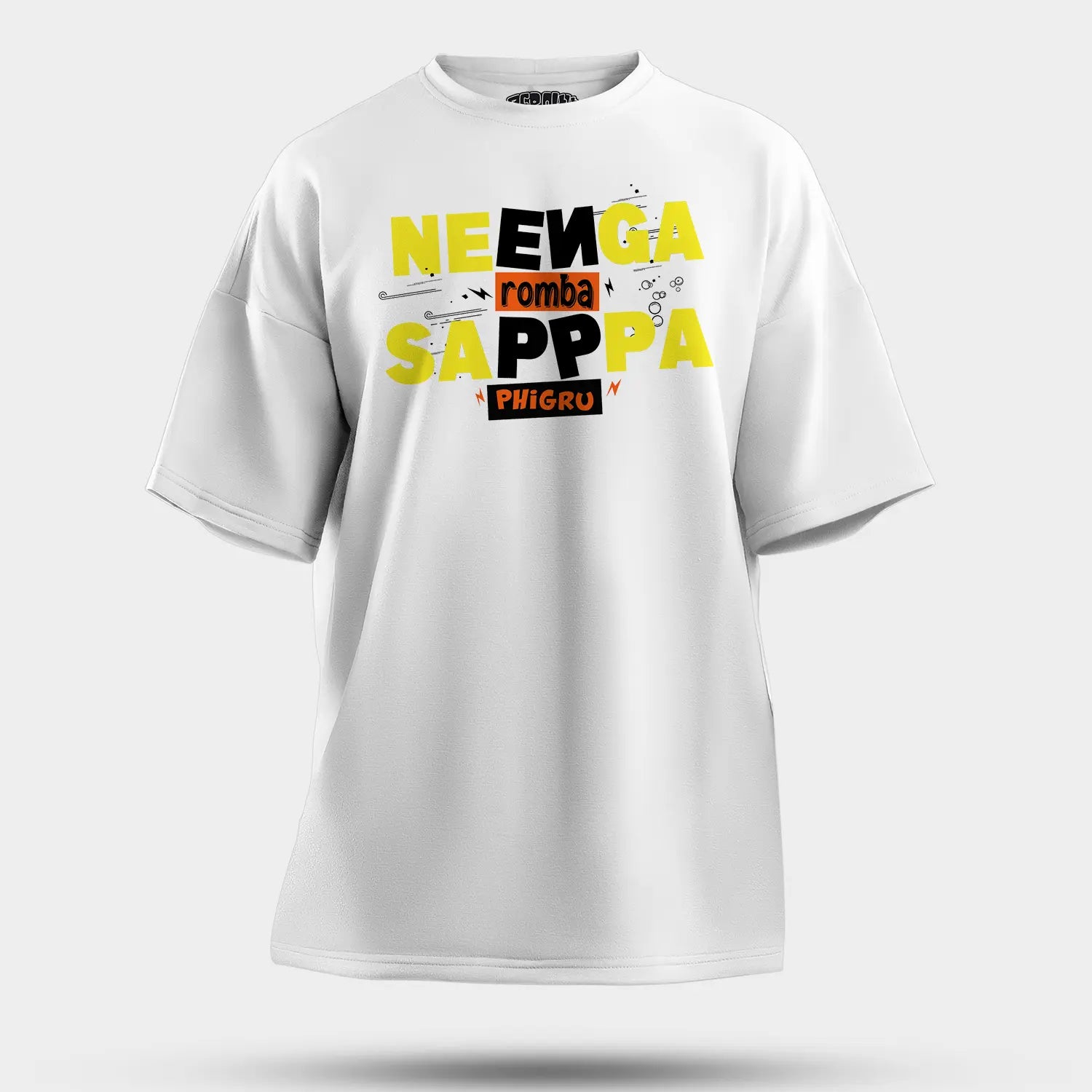 Neenga Romba Sappaa Phigru Men/Unisex Oversized T-Shirt in White Color