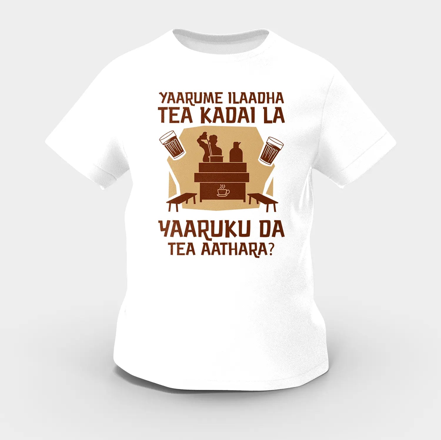Yaarume Ilaadha Tea Kadai La Yaaruku Da Tea Aathara? Girls Round Neck T-Shirt in White Color
