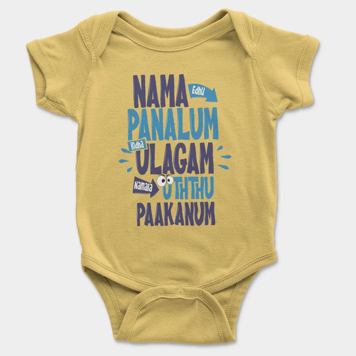 Nama Edhu Panalum Indha Ulagam Namala Uththu Paakanum Onesie/Romper in Yellow Color