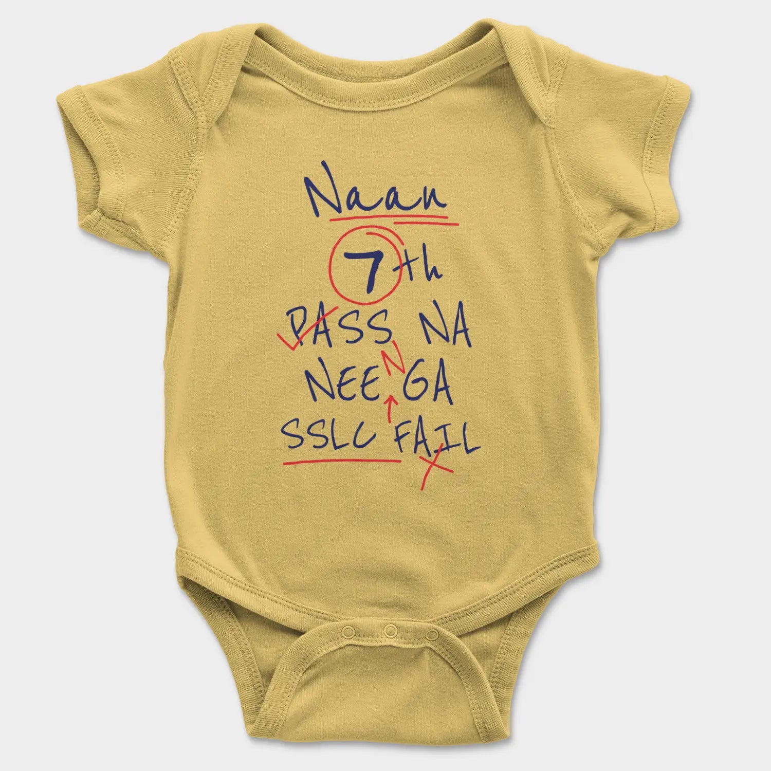 Naan 7Th Pass Na, Neenge Sslc Fail Onesie/Romper in Yellow Color