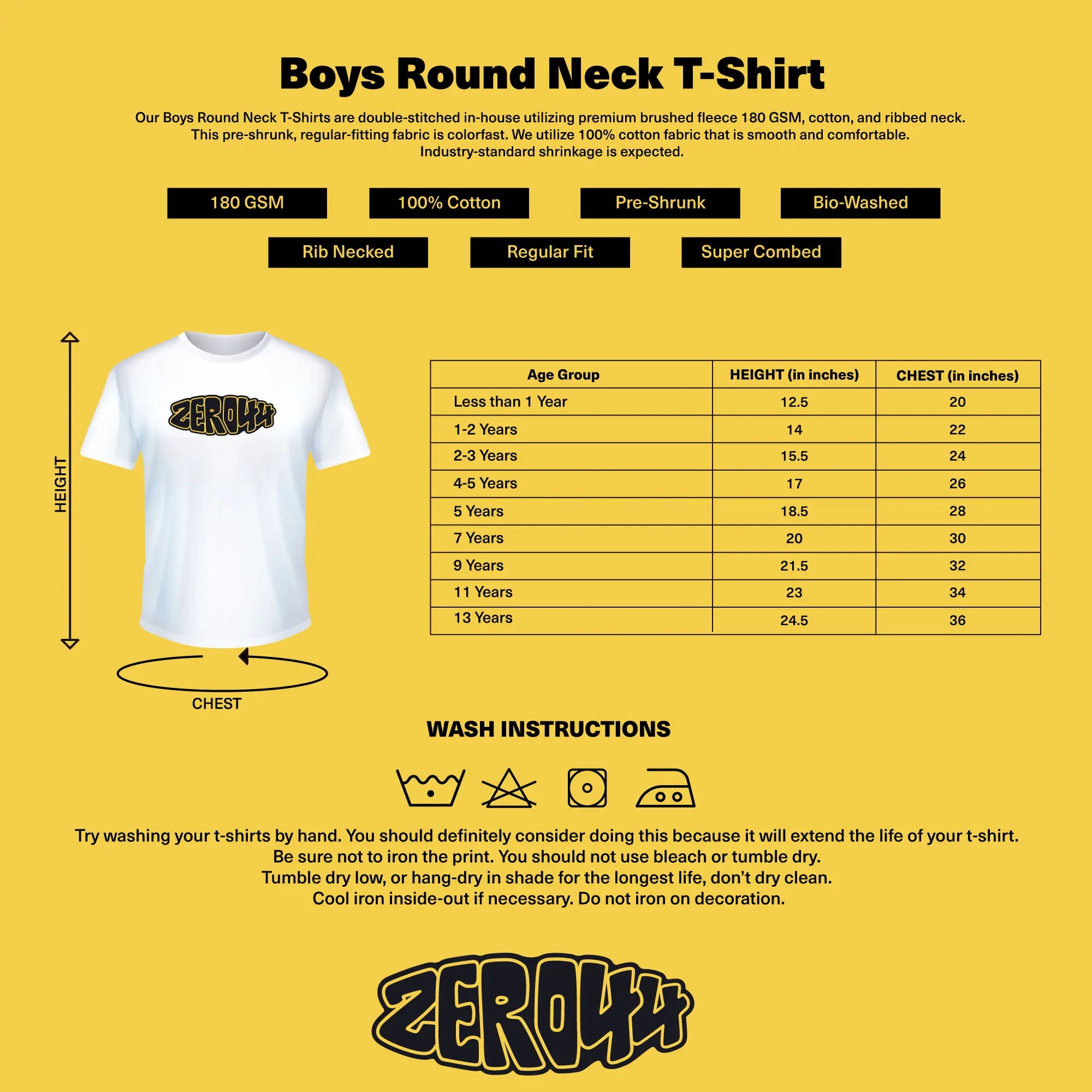 Boys Round Neck T-Shirt Sizing Chart