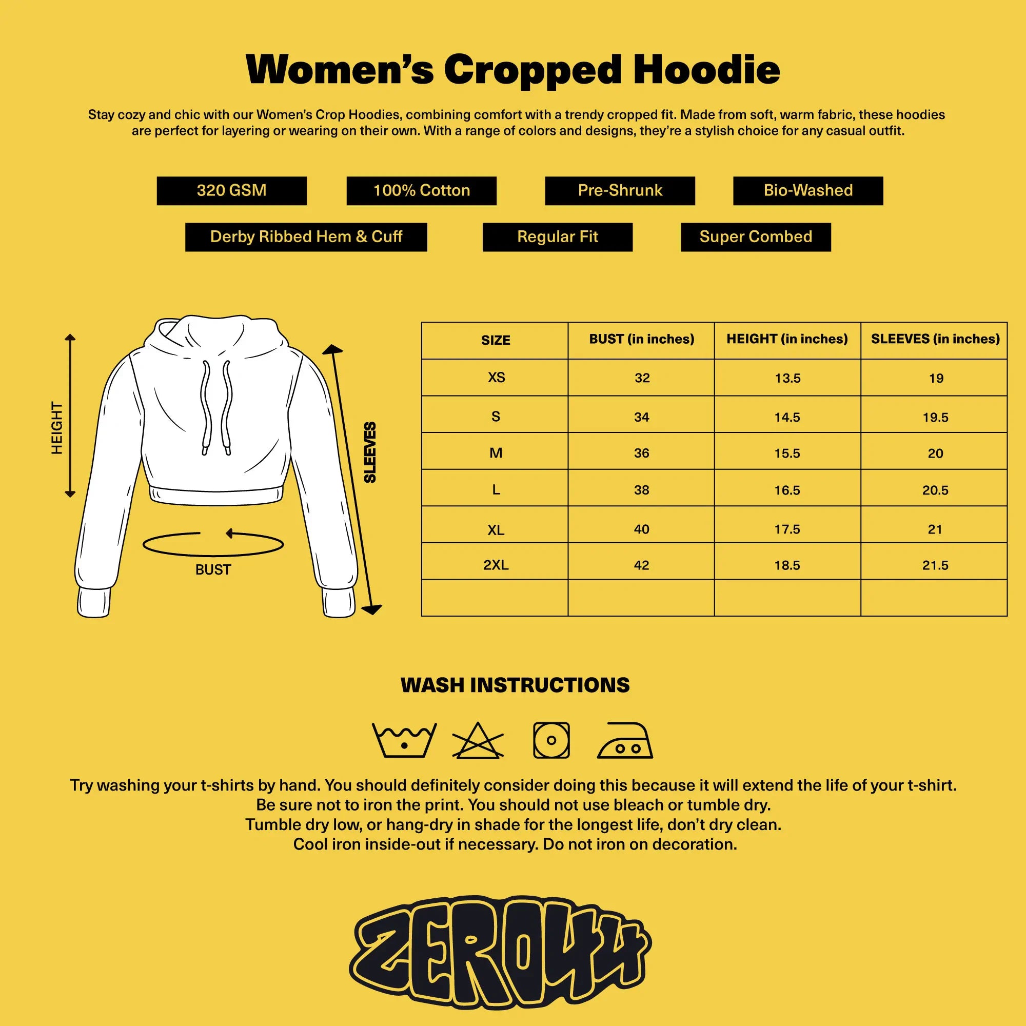 Women's Crop Hoodie Sizing Chart